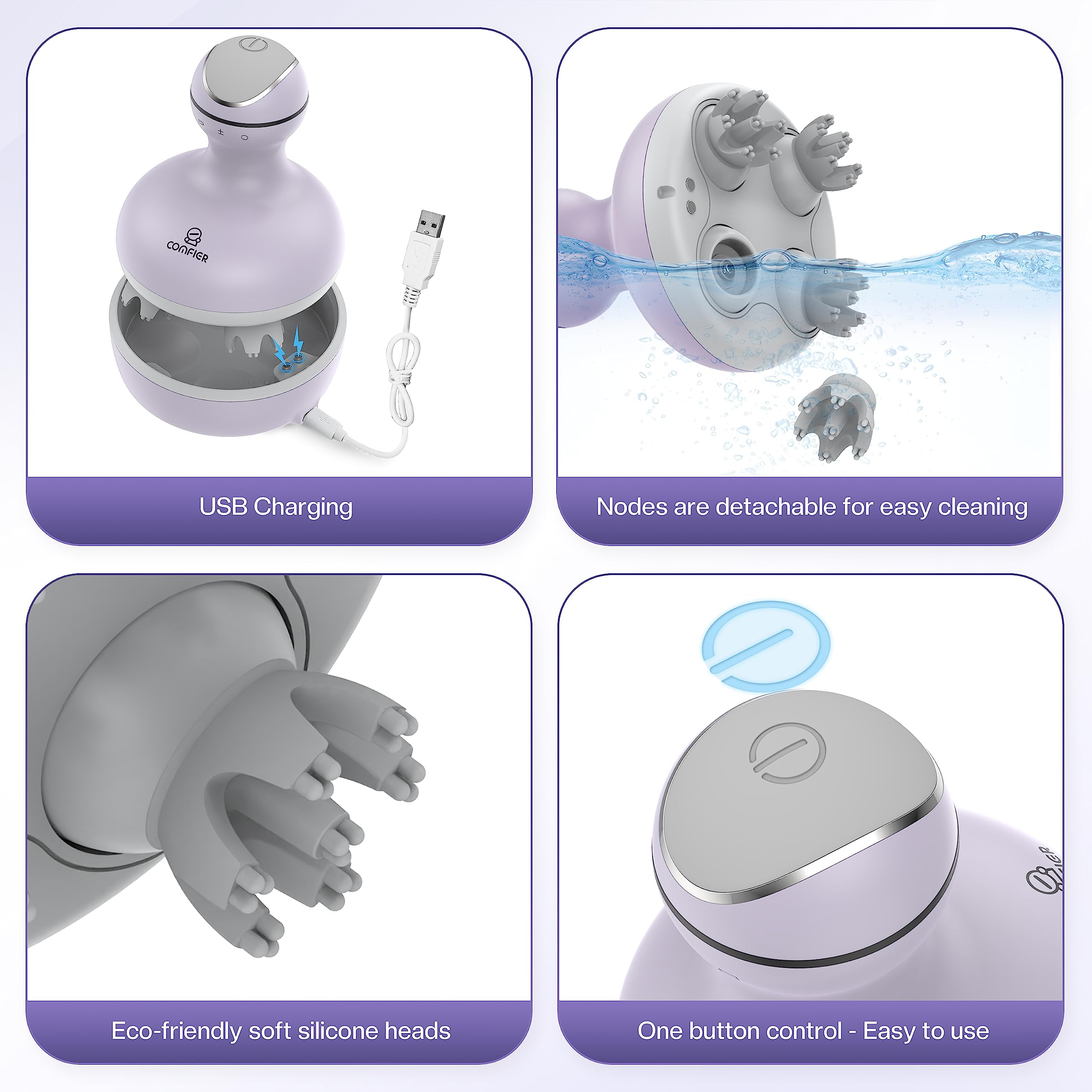 COMFIER massager used on head, neck, and back for versatile relief.
