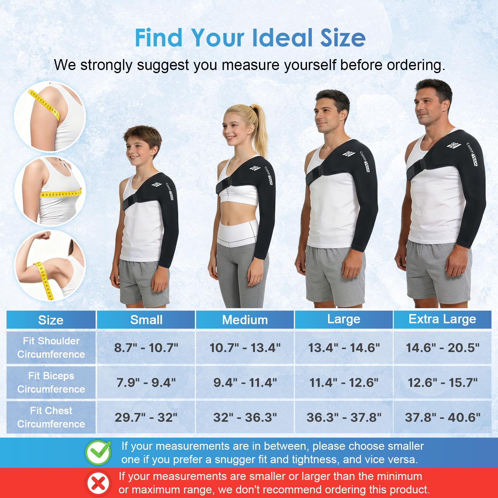ComfiTECH ice pack in use demonstrates cooling coverage on the shoulder and upper arm
