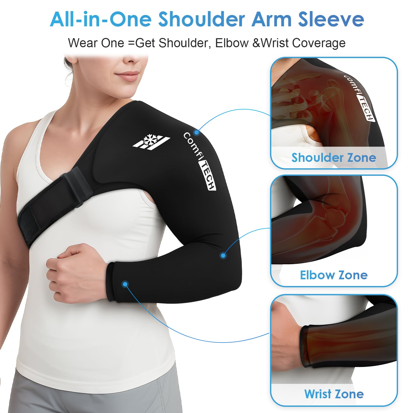 ComfiTECH shoulder-arm wrap features a flexible gel for steady contact across the shoulder and arm