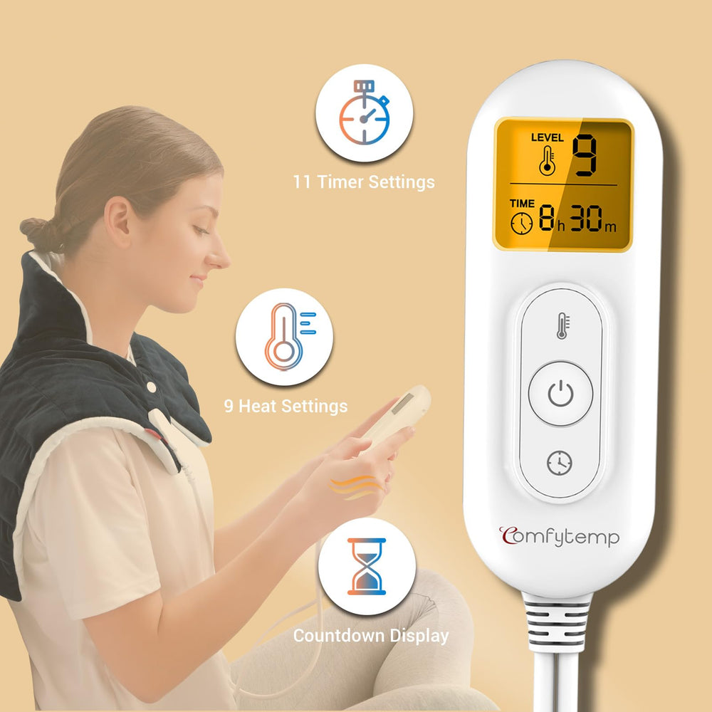Timer indicators on Comfytemp pad with 11 auto-off options for session control.