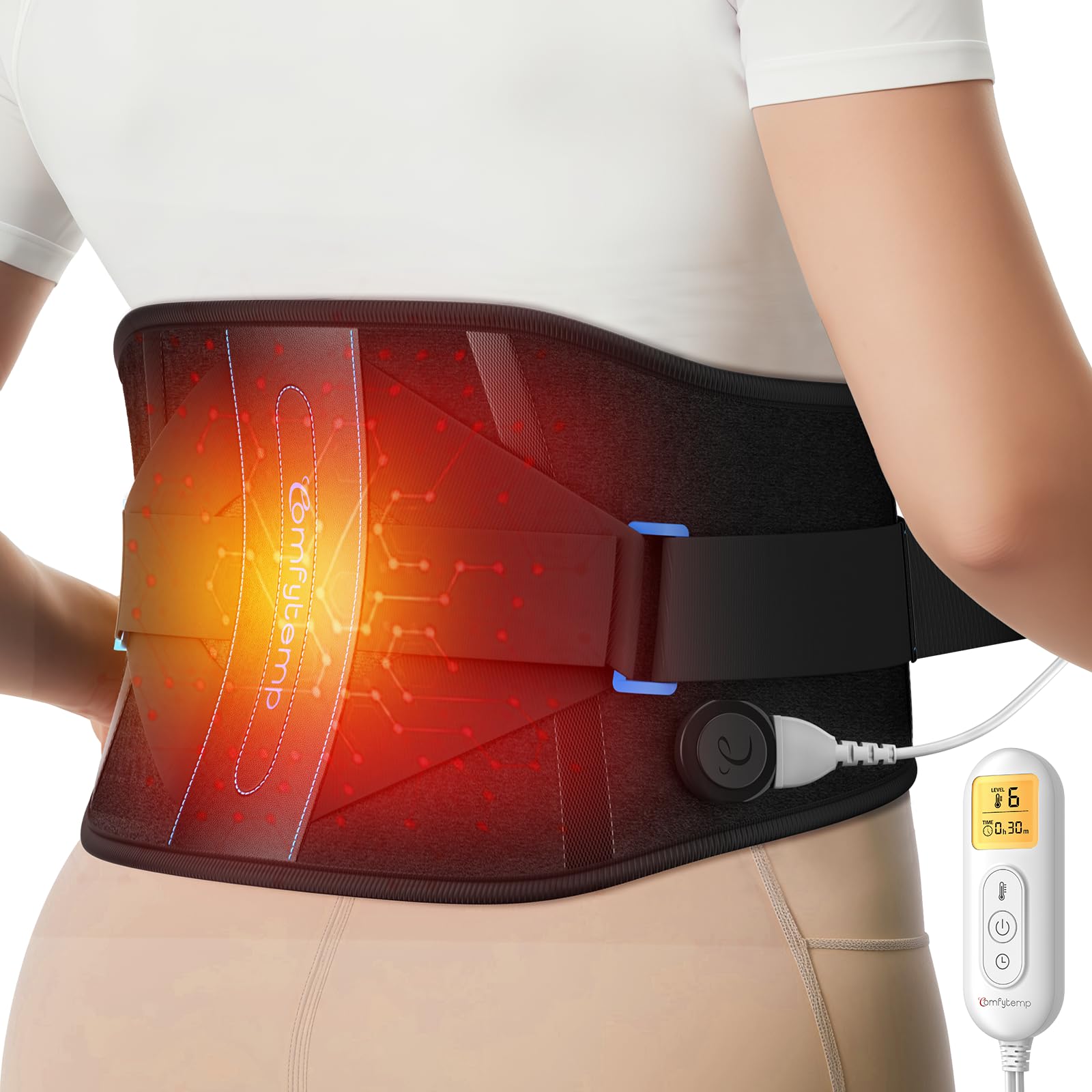 Comfytemp back heating pad with lumbar wrap delivers targeted warmth and support.