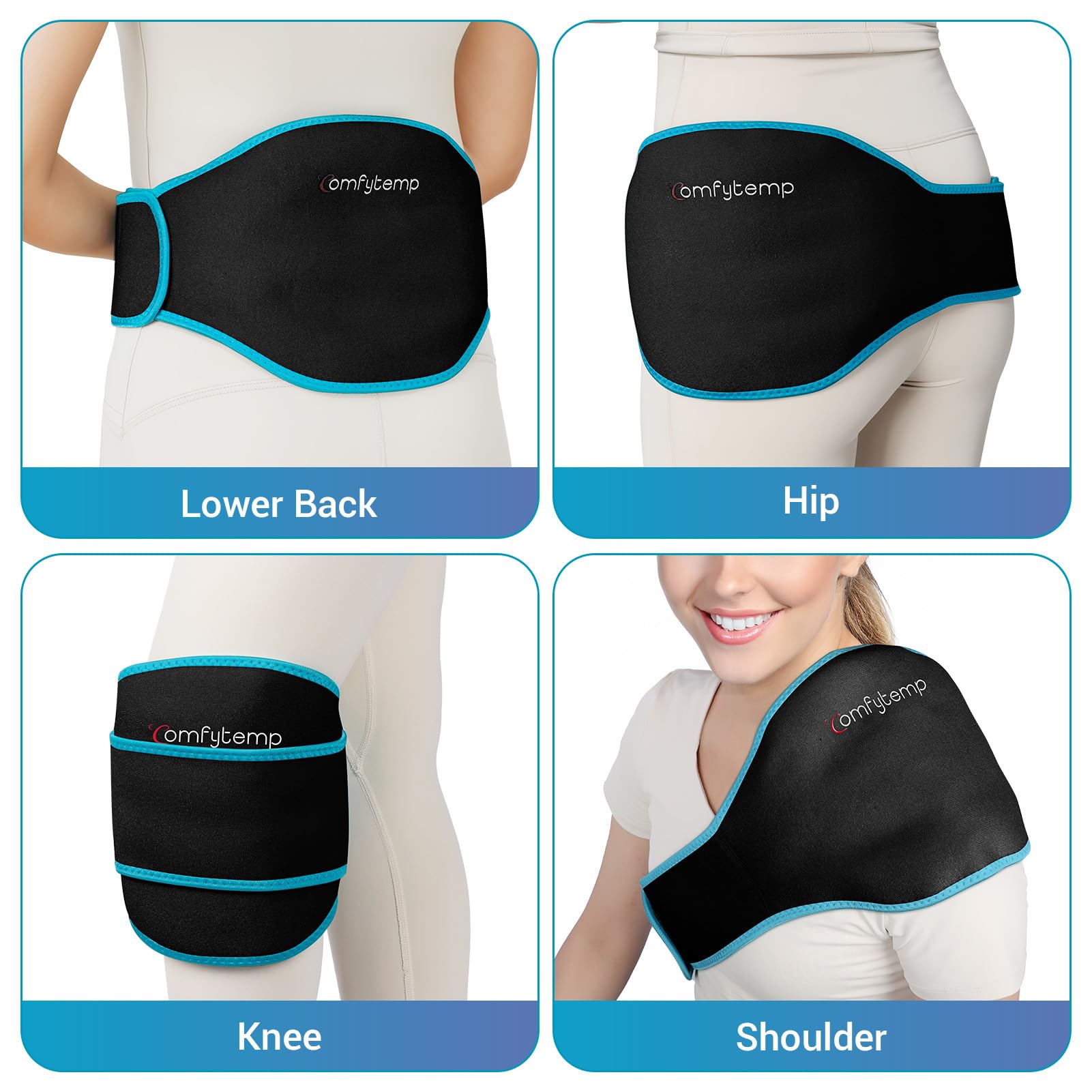 Comfytemp latex-free fabric minimizes skin irritation during extended relief.