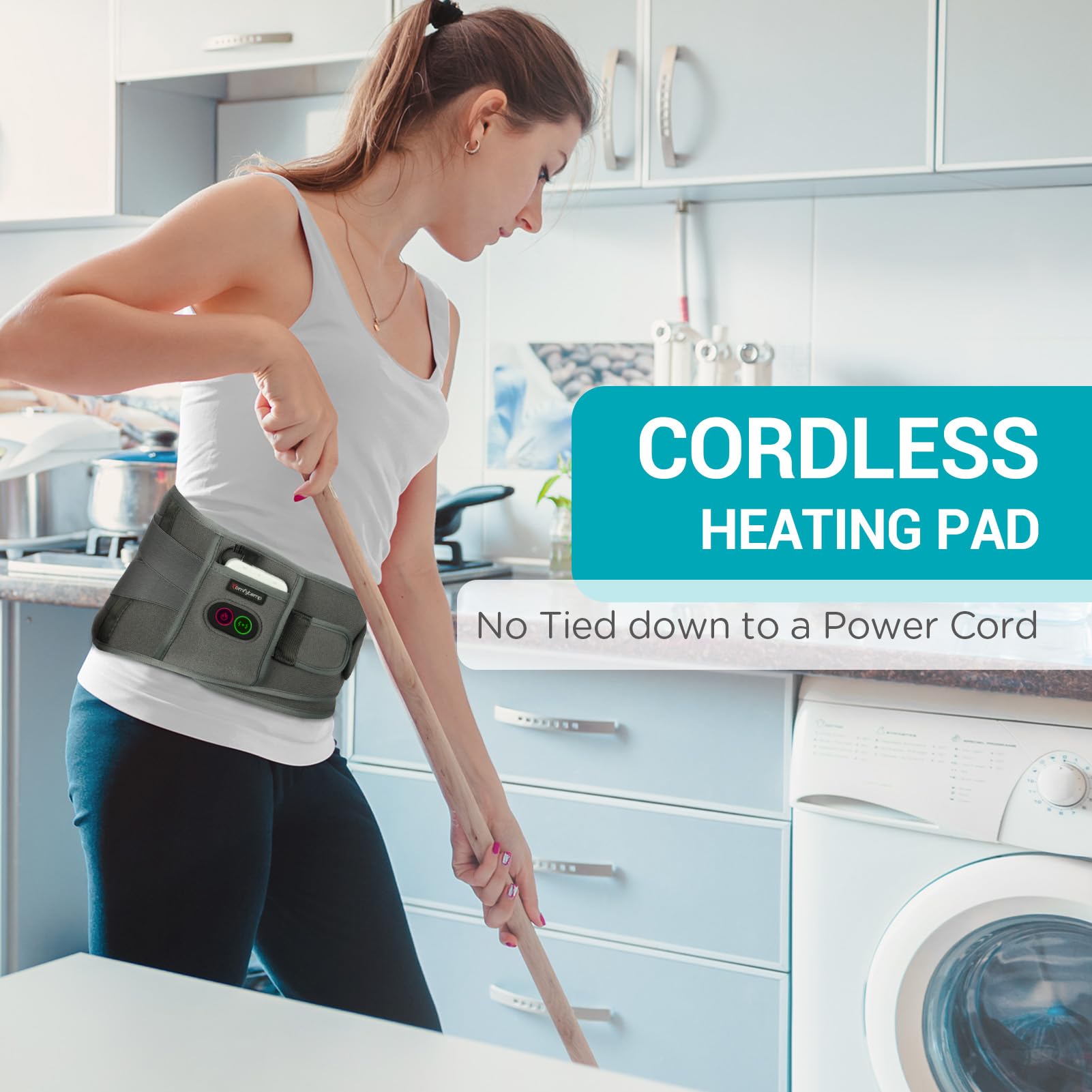 Comfytemp back massager heat level indicators show three adjustable settings for comfort.