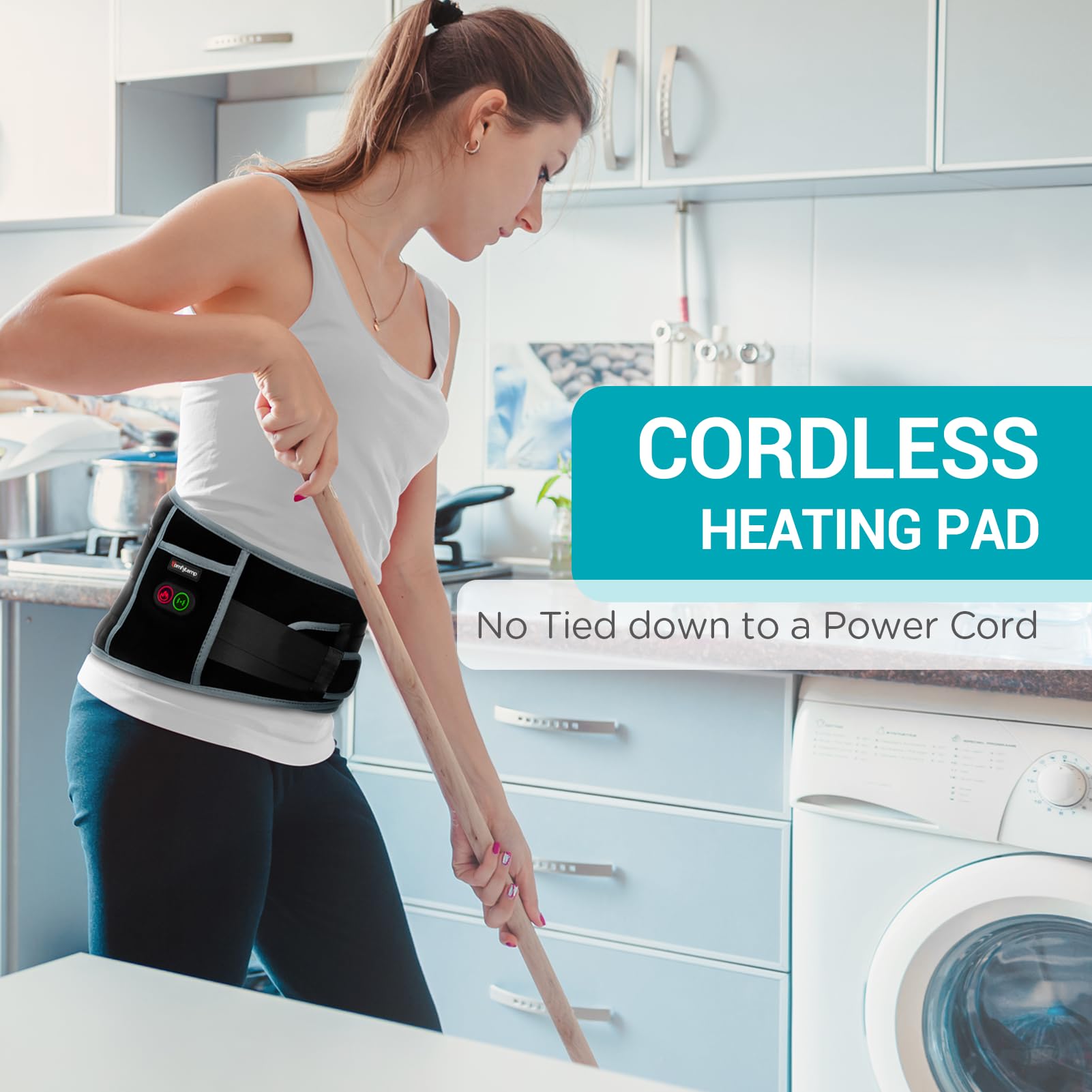 Comfytemp back massager strap secured around the waist for targeted relief