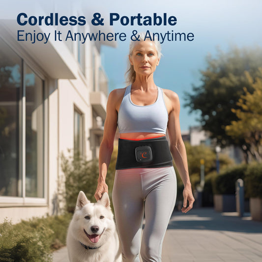 Comfytemp cordless red light belt worn around the waist for easy daily relief.