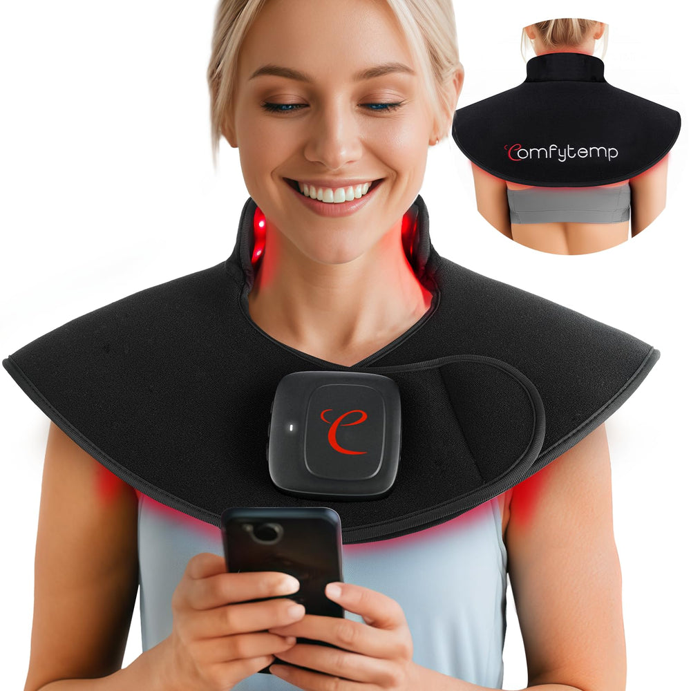 Comfytemp cordless red-light therapy neck wrap showing portable design for at-home use