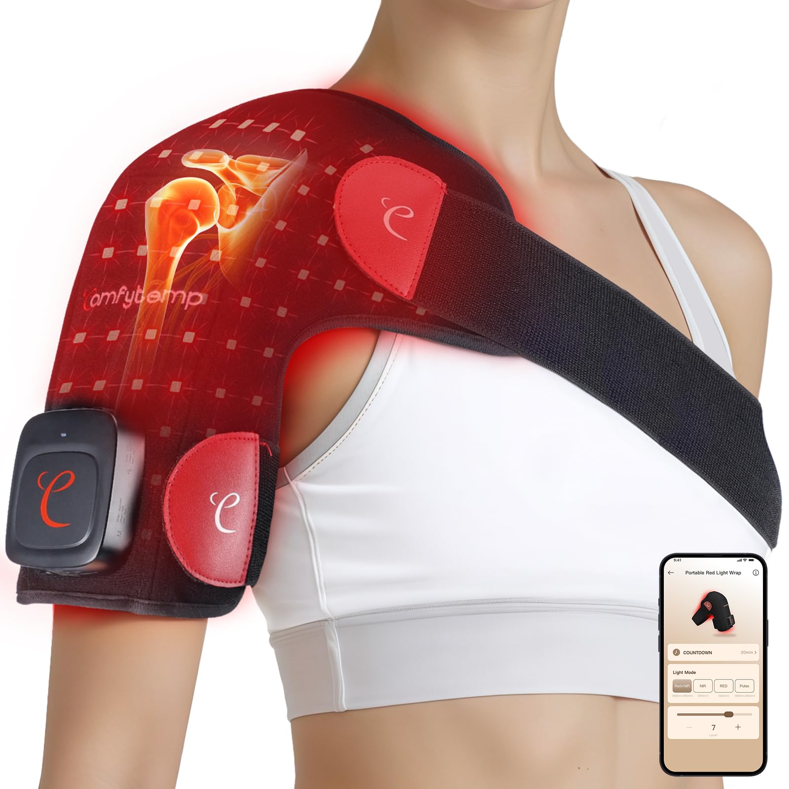 Comfytemp cordless red light shoulder wrap front view showing unrestricted movement