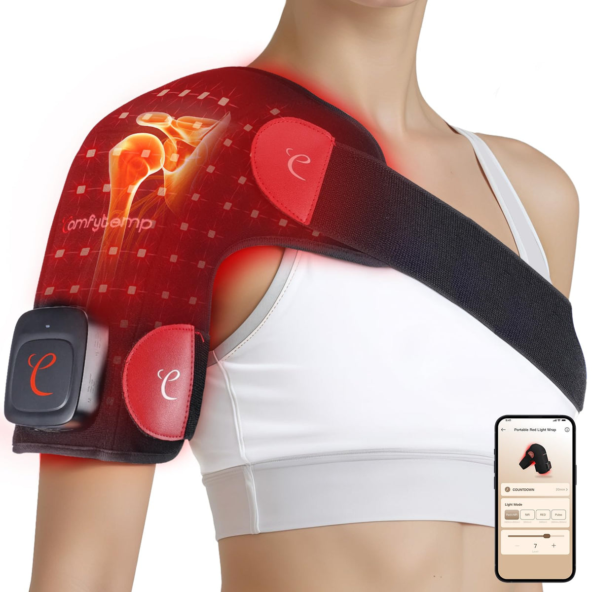 Comfytemp cordless red light shoulder wrap front view showing unrestricted movement