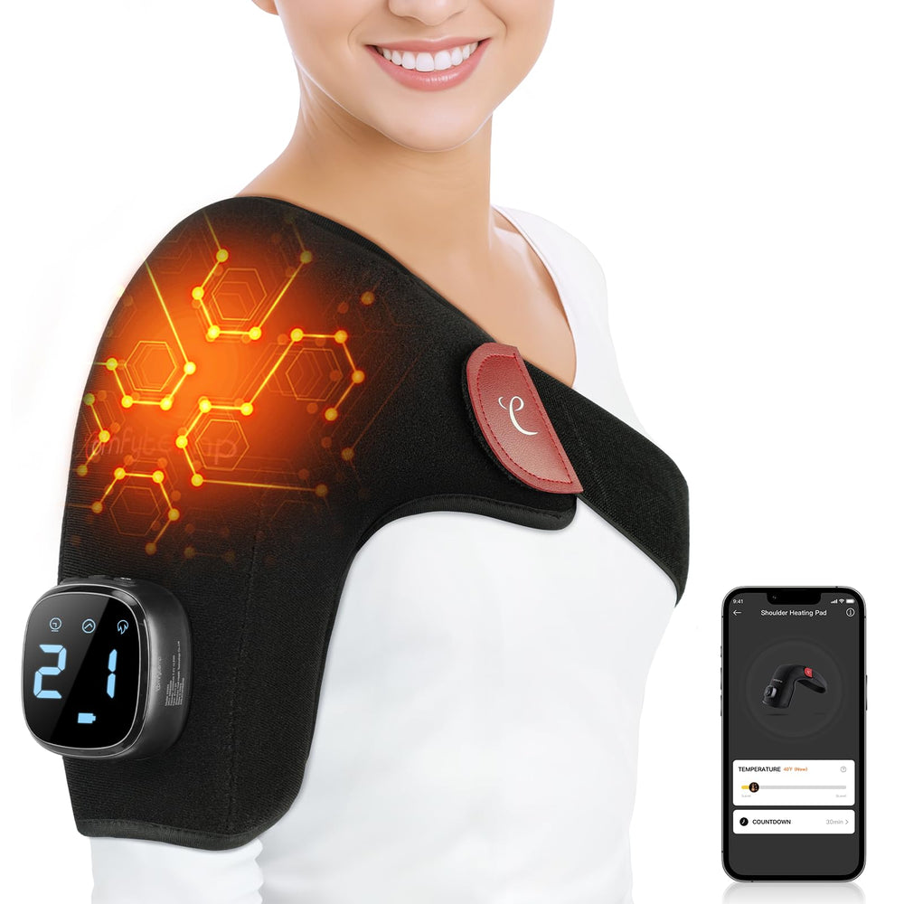 Comfytemp cordless shoulder heating pad powered by a built-in battery for unrestricted movement.