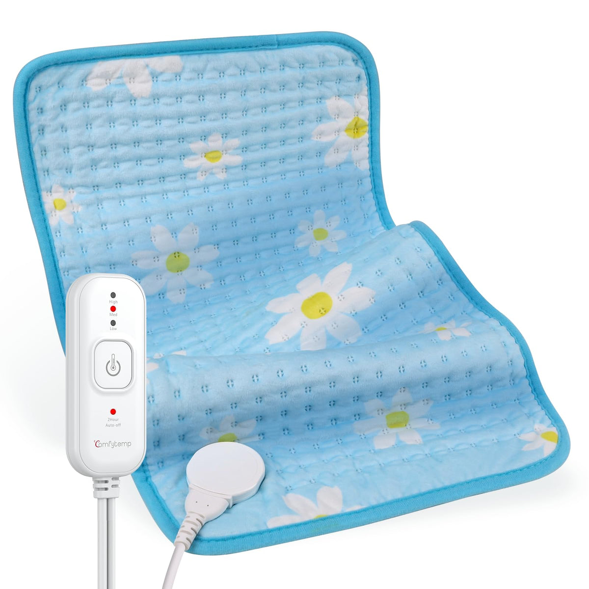 Comfytemp extra-large heating pad with daisy pattern offering cozy back warmth.