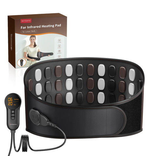 Comfytemp Far Infrared Back Heating Pad wrapped around the lower back for deep warmth at home.