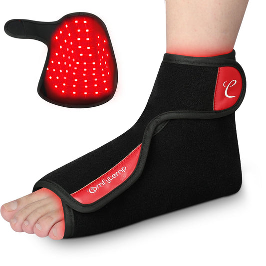 Comfytemp foot wrap in use for convenient home red light therapy.