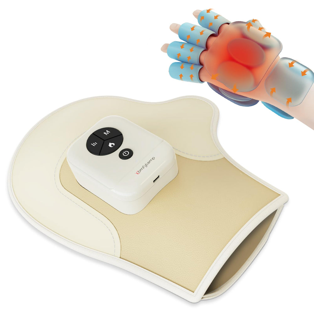 Comfytemp Hand Massager showing finger chambers for precise finger pressure and comfort.