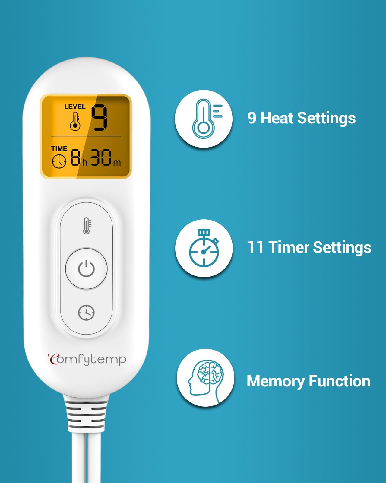 Comfytemp heating pad LED display shows nine heat settings for customizable warmth.