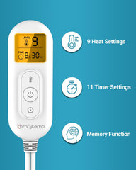 Comfytemp heating pad LED display shows nine heat settings for customizable warmth.