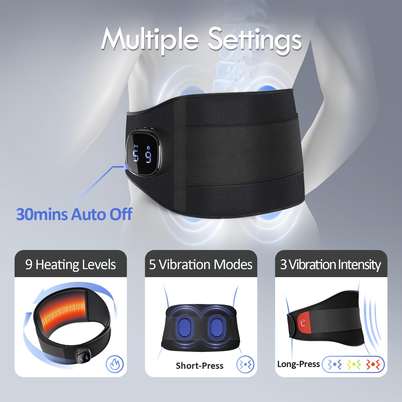 Comfytemp heating pad with massager showing heat level options.