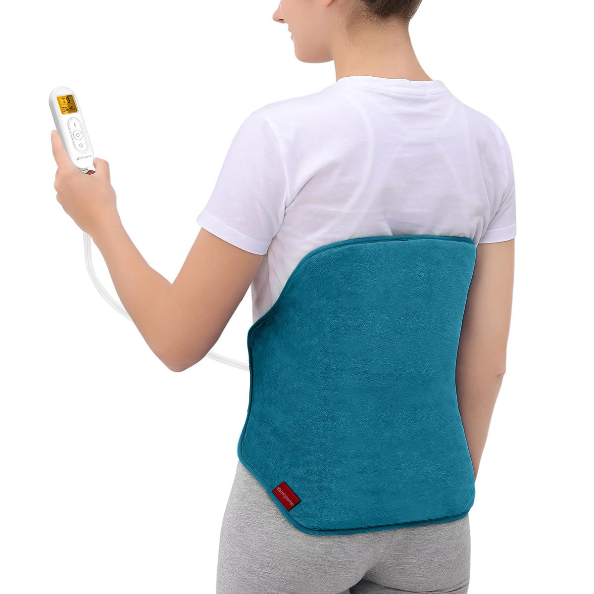 Comfytemp XL heating pad covers the lower back for targeted comfort.