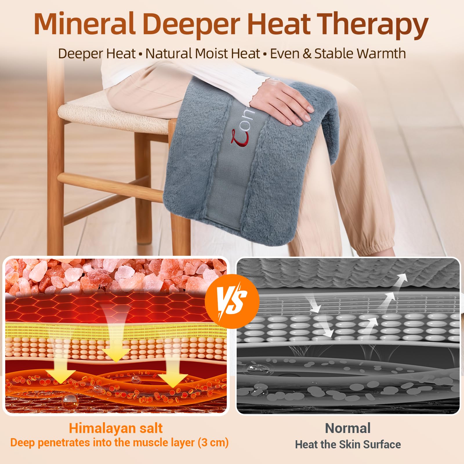 Visible Himalayan salt crystals enable mineral heat transfer for lasting warmth.