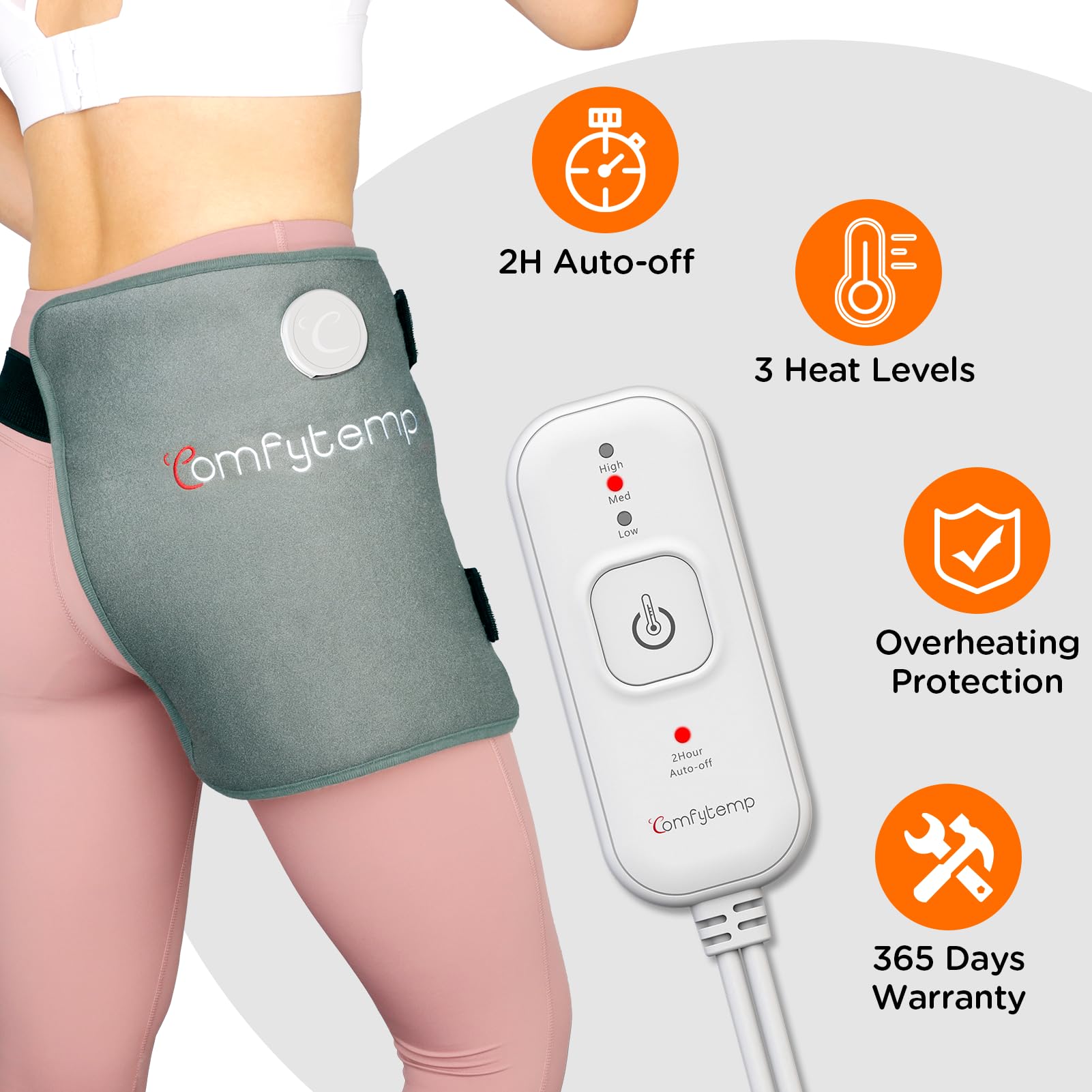 Comfytemp hip heating pad featuring three heat levels for customizable warmth.