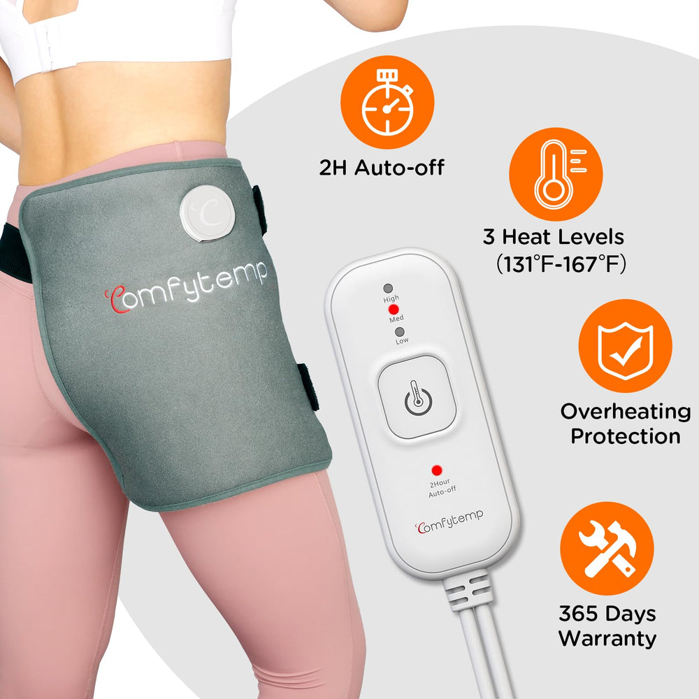 Comfytemp hip wrap auto shut-off ensures safe, worry-free use.