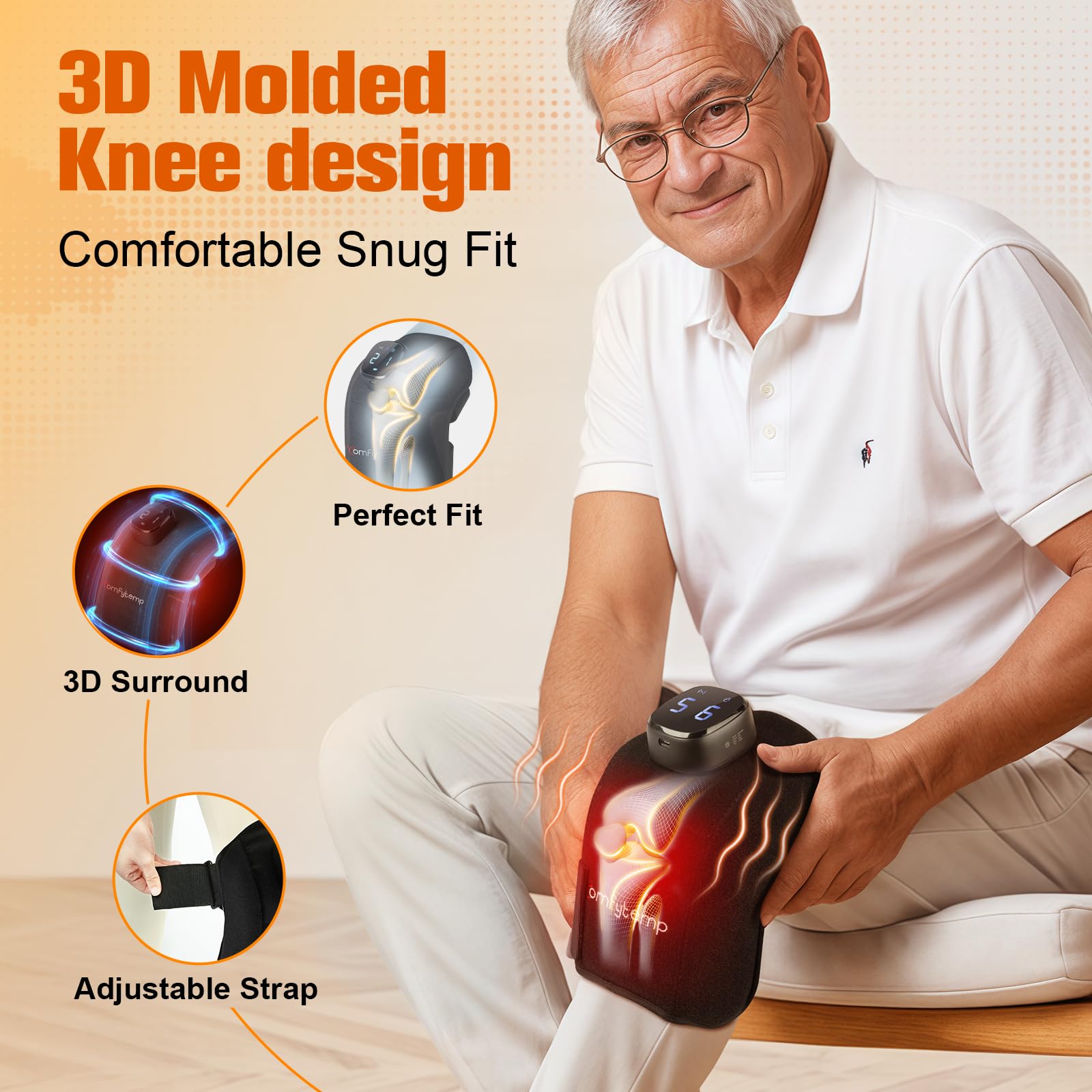 Comfytemp knee wrap in portable wireless design for on the go.