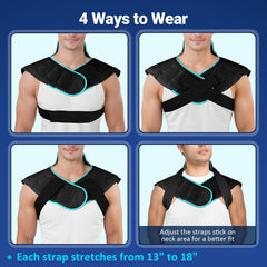 In-use view shows the wrap resting on the shoulder for cooling relief.