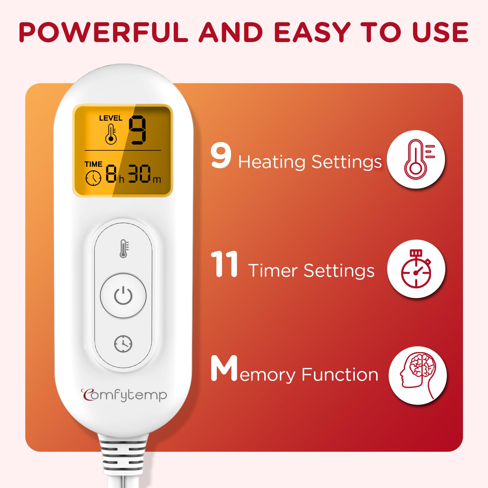 Comfytemp nine-heat-settings with LED display lets you tailor warmth.