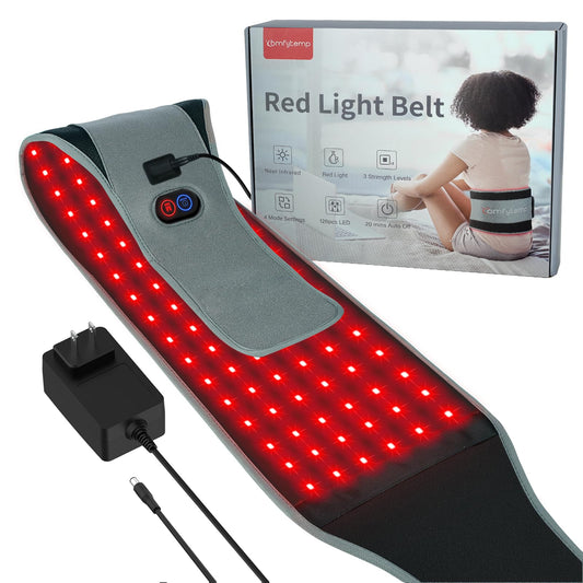 Comfytemp red light therapy belt front view with 126 LEDs and dual wavelengths.