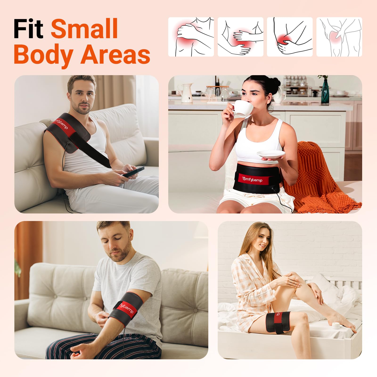 Comfytemp red light wrap applied to knees and elbows supports joint comfort.