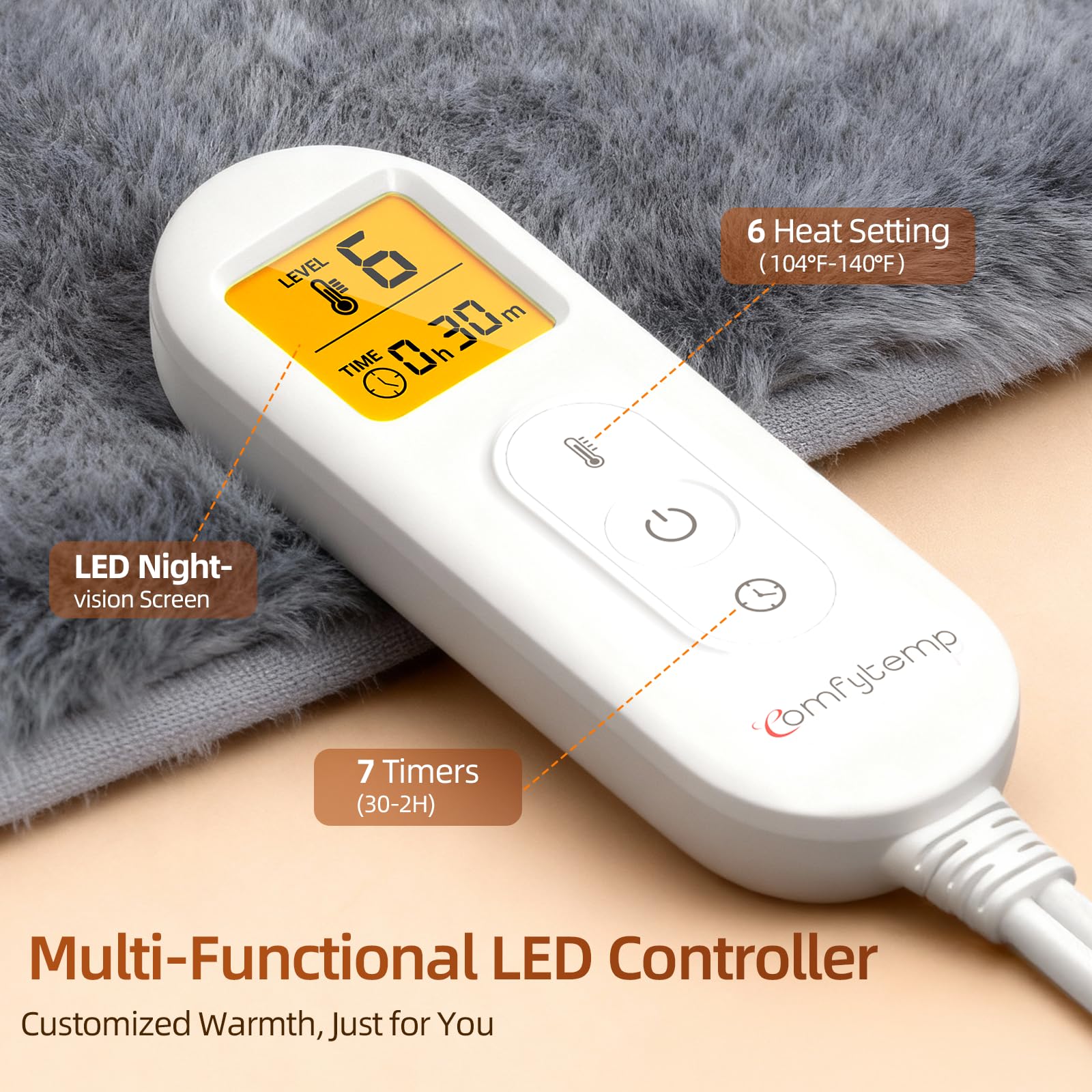 Comfytemp seven timer options allow flexible warming sessions.