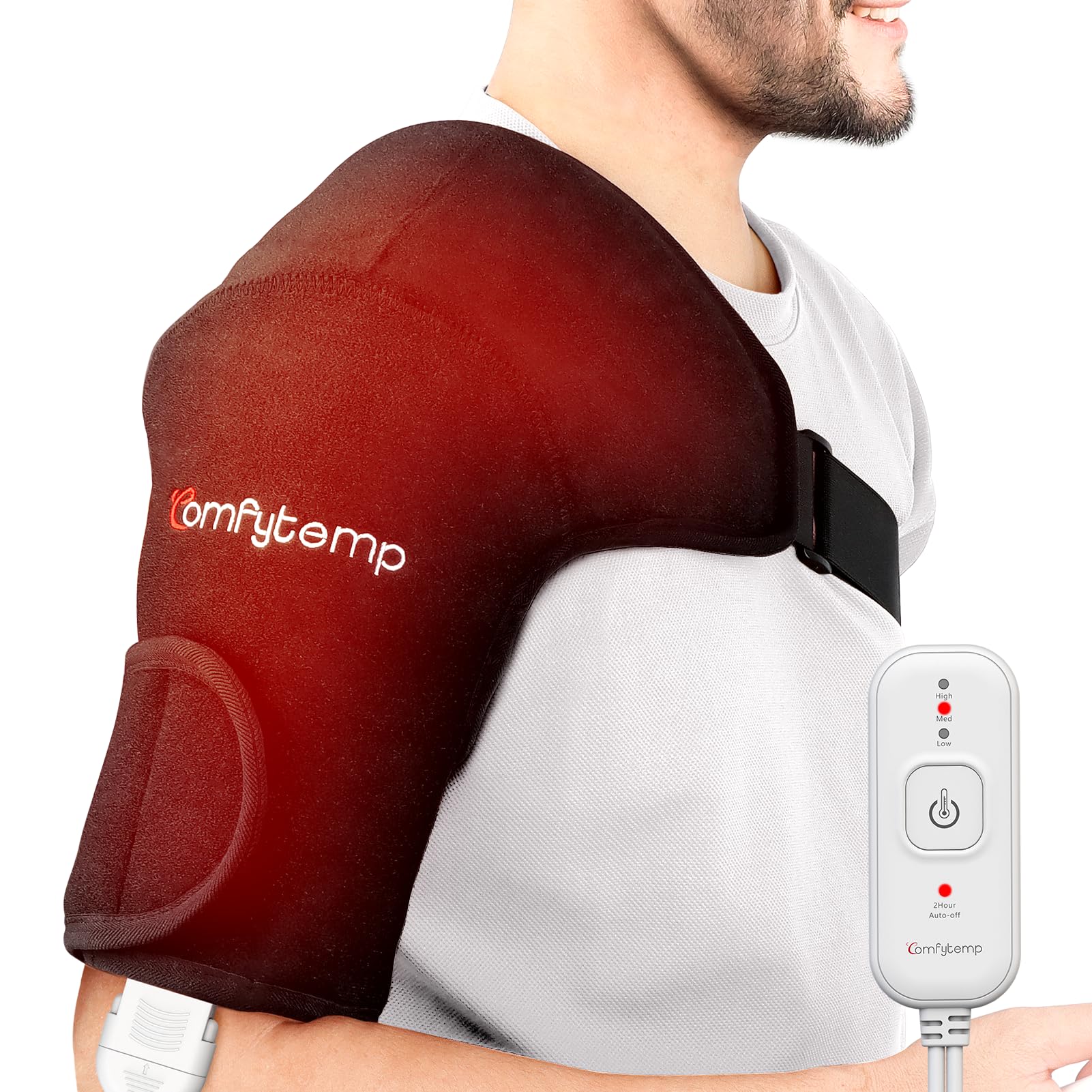Comfytemp shoulder heating pad wrap in use, delivering steady warmth.