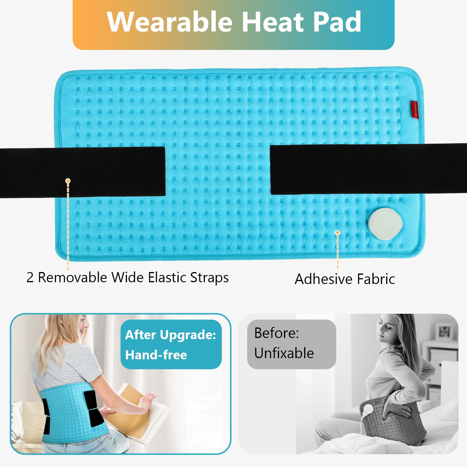 Comfytemp wearable heating pad soft-flannel side provides gentle coziness.
