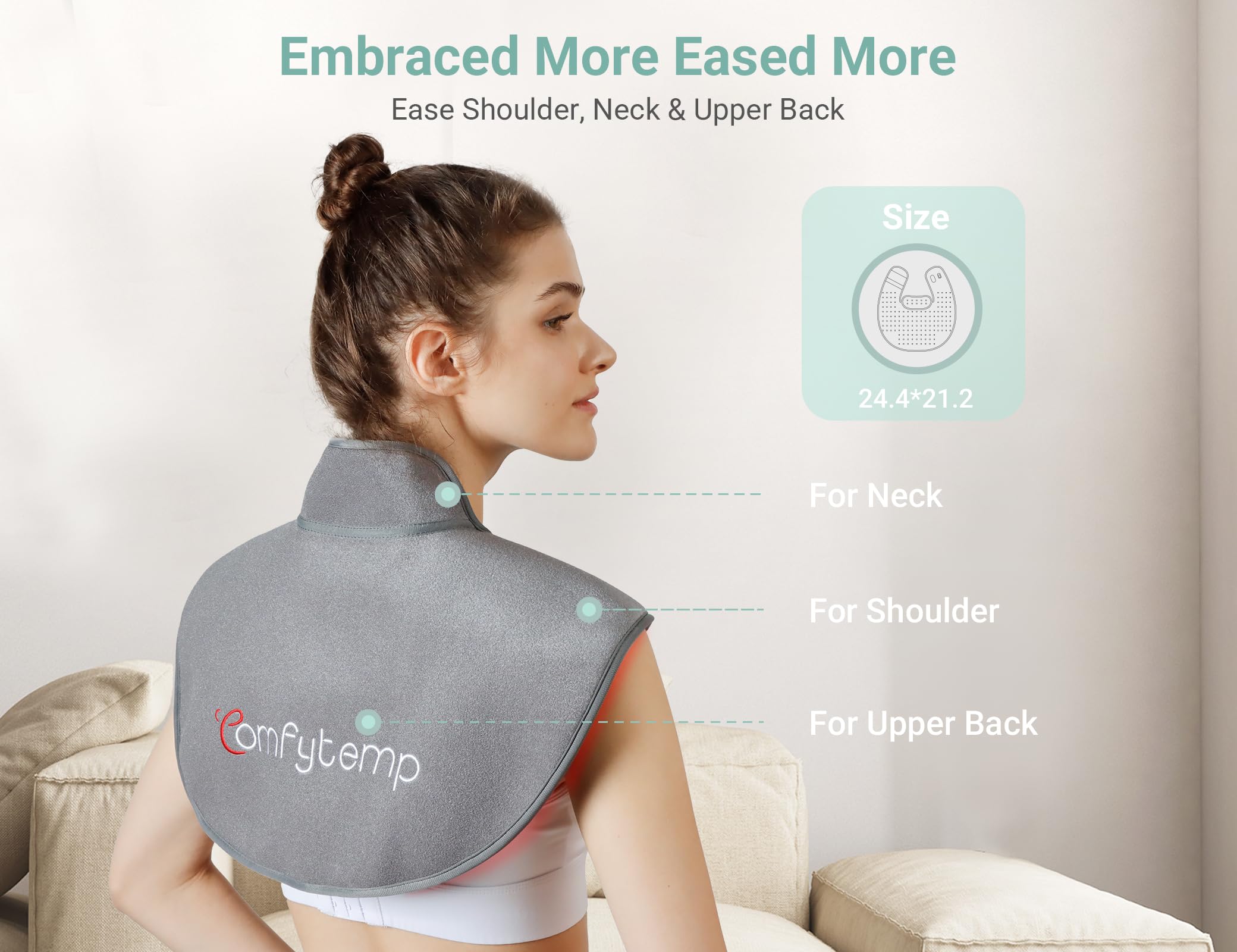 Comfytemp wearable red-light therapy wrap shown in use for hands-free therapy.