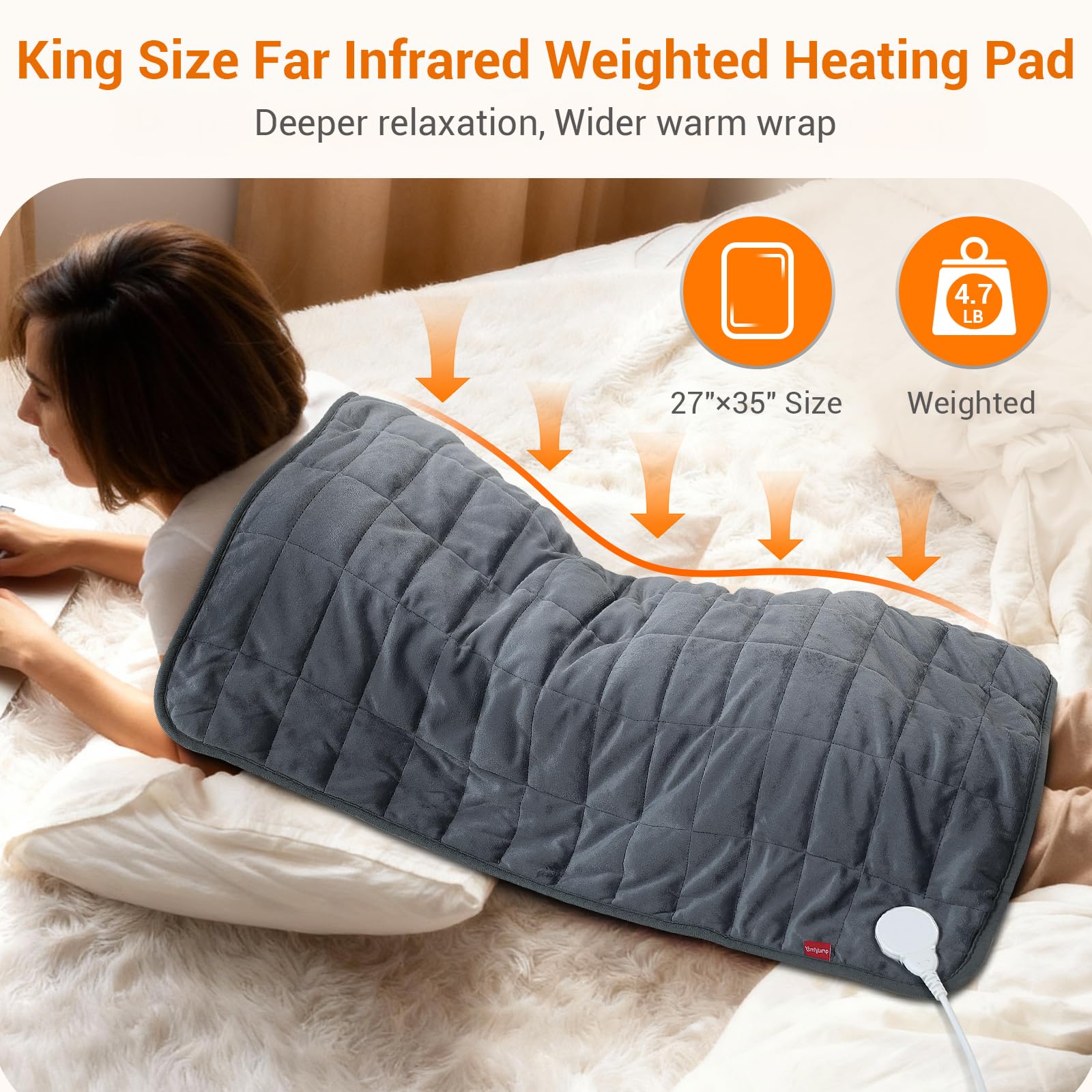 Comfytemp weighted heat pad 4-7 lb ceramic beads provide secure heat.
