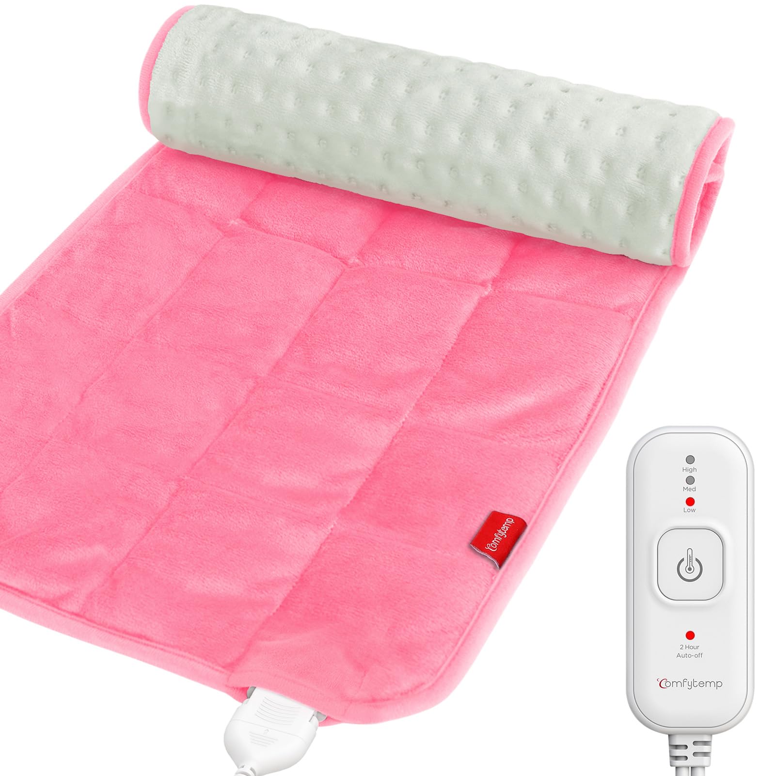 Comfytemp weighted heating pad on back and shoulder provides targeted warmth for daily relief.
