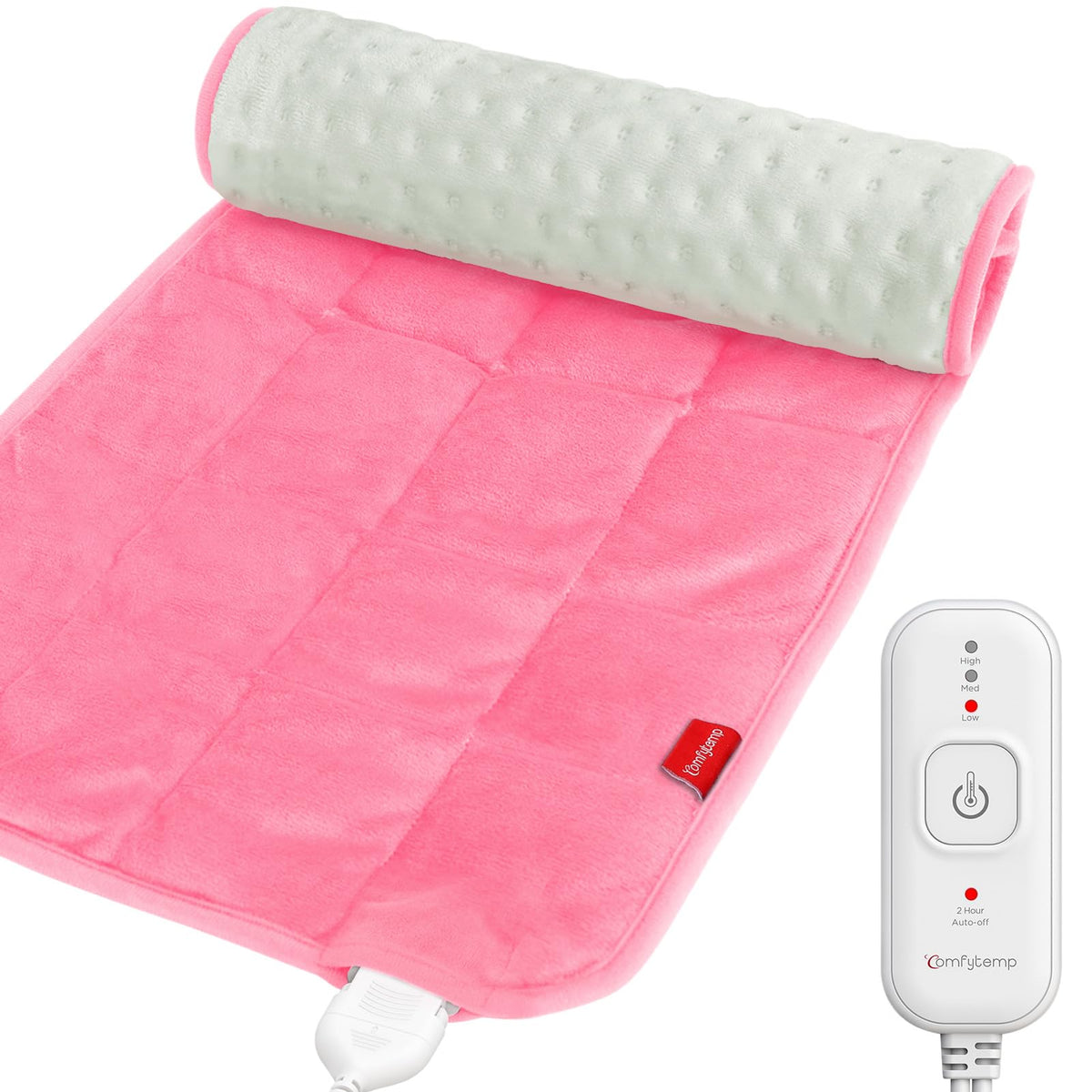Comfytemp weighted heating pad on back and shoulder provides targeted warmth for daily relief.