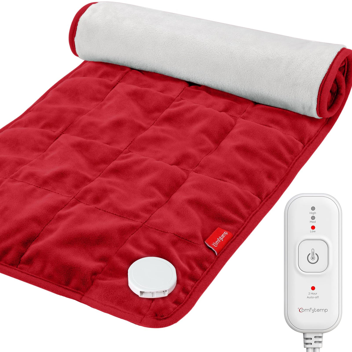 Comfytemp weighted heating pad on back delivers conforming warmth for targeted relief.