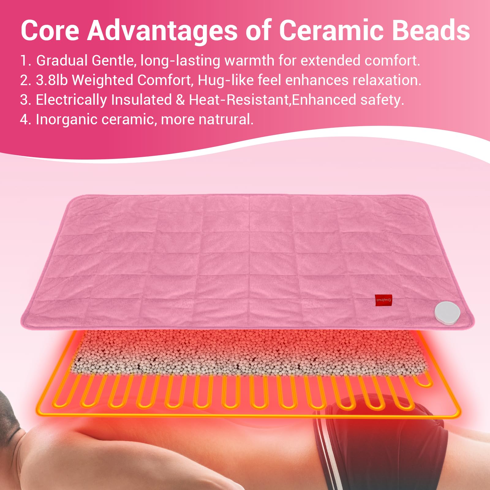 Comfytemp full-back coverage demonstrates large 17x33 inch pad wrapping the torso