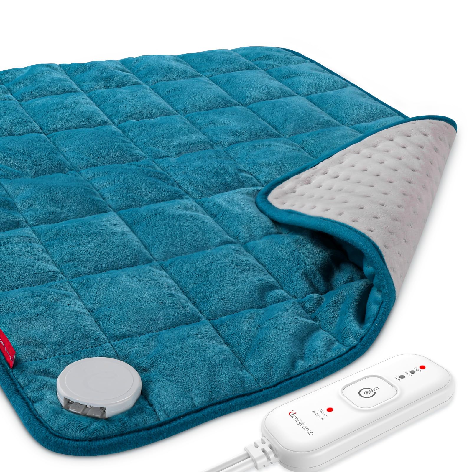 Comfytemp weighted heating pad on bed delivers full coverage for soothing warmth.