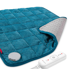 Comfytemp weighted heating pad on bed delivers full coverage for soothing warmth.