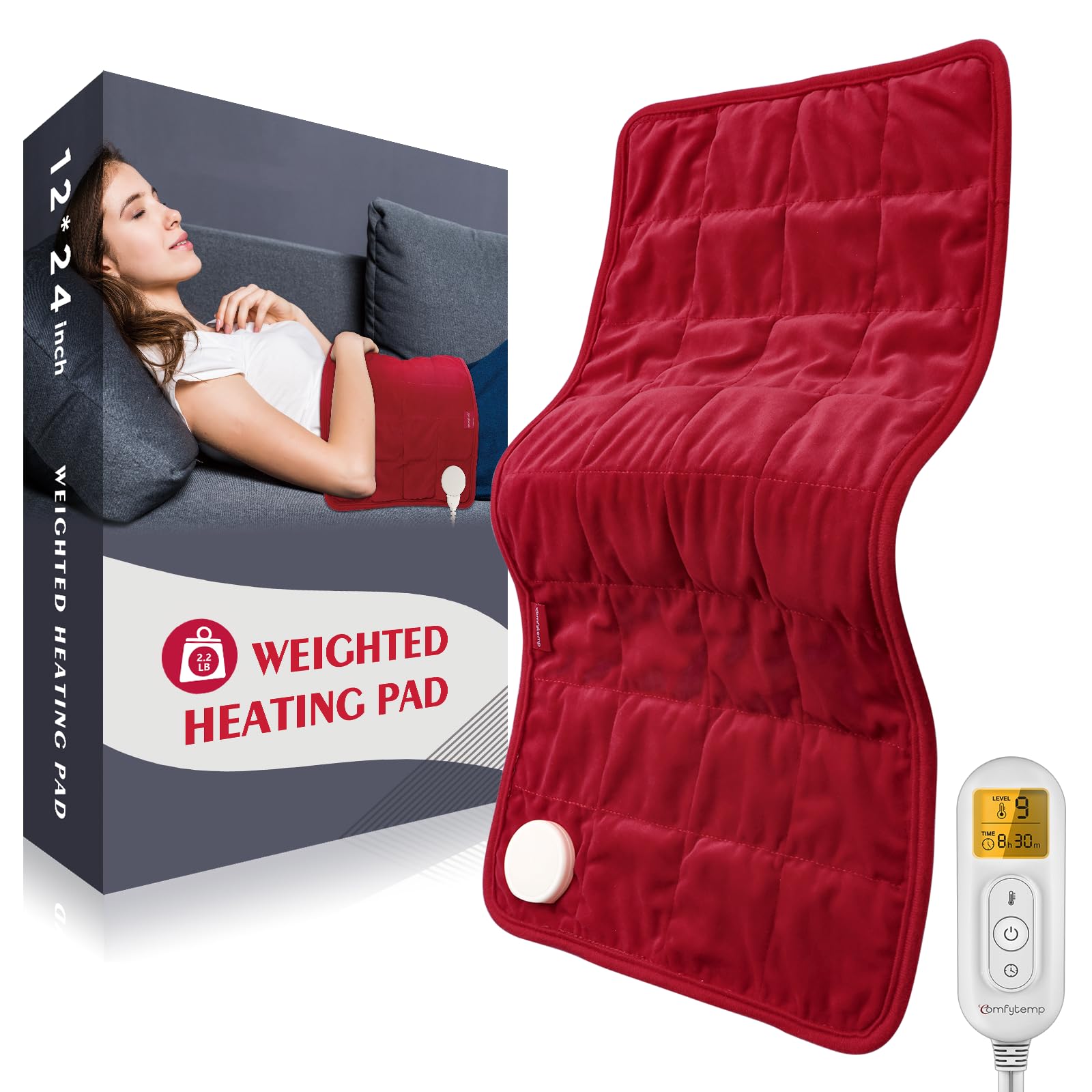 Comfytemp weighted heating pad in red, full view, for large-area warmth