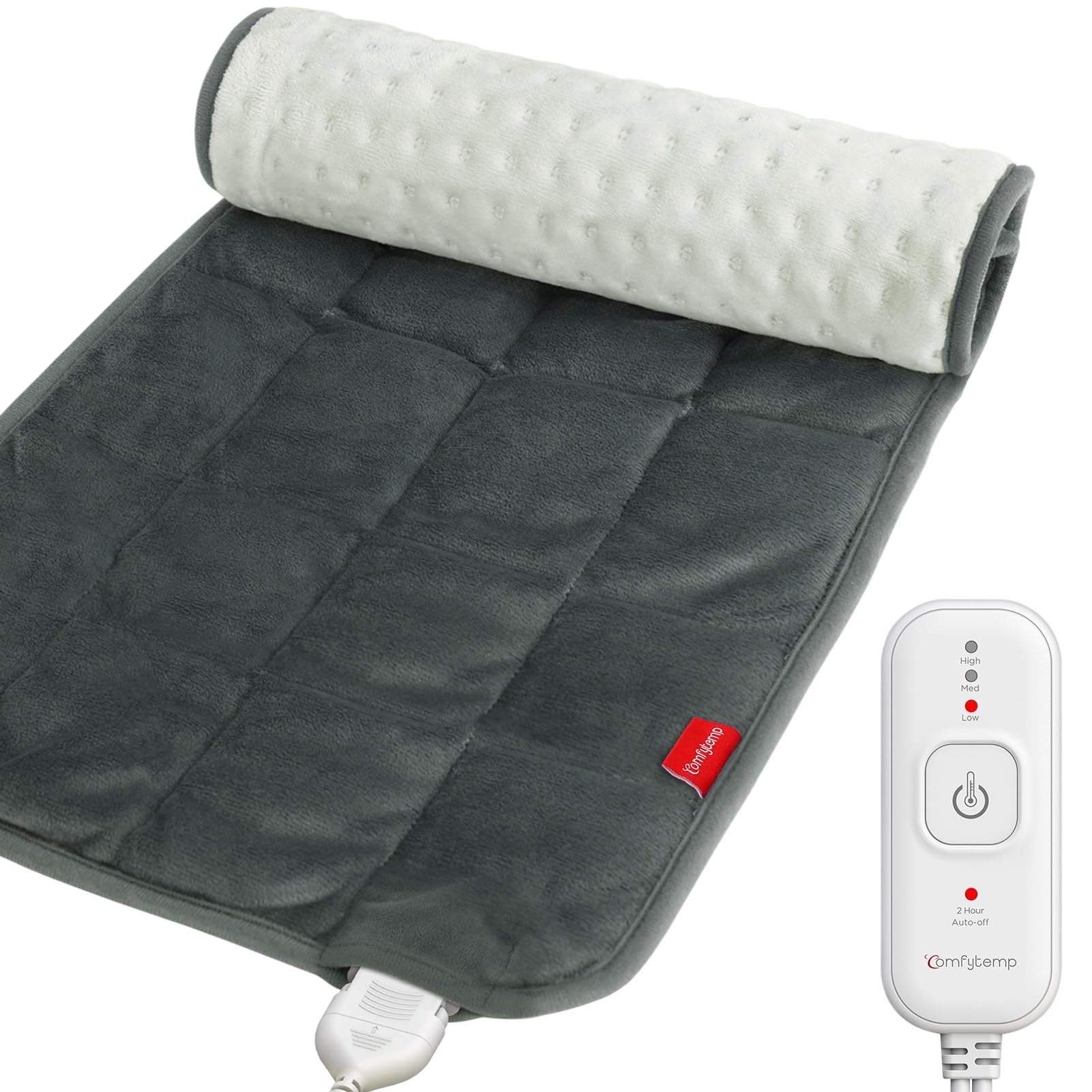 Comfytemp weighted heating pad on neck-shoulder for calming warmth and targeted relief.