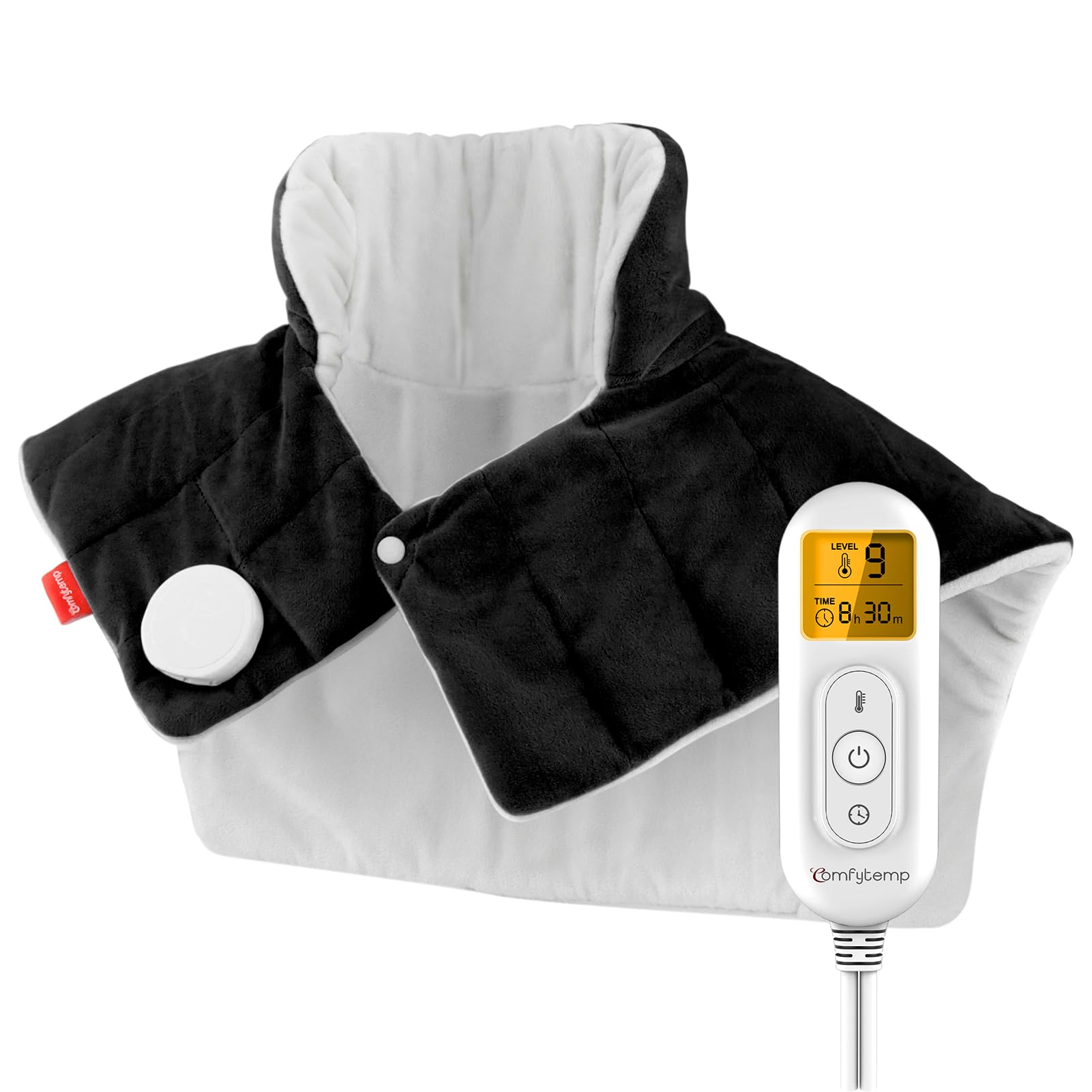 Comfytemp weighted heating pad hugs neck, shoulders, and back for soothing warmth.