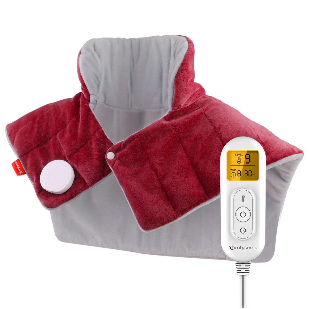 Comfytemp weighted heating pad around neck and shoulders for targeted warmth.