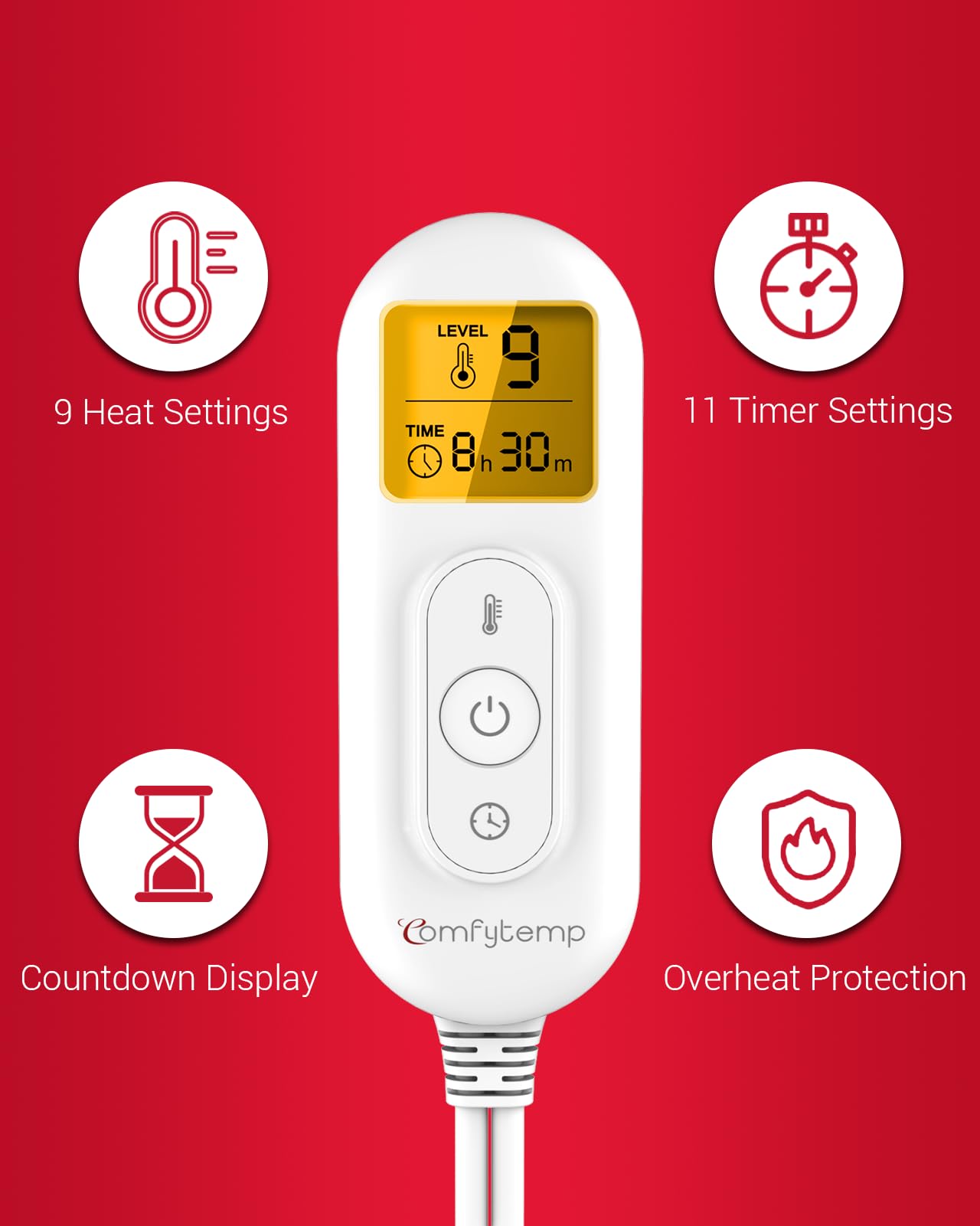 Comfytemp weighted heating pad at night with backlight enabled for easy use
