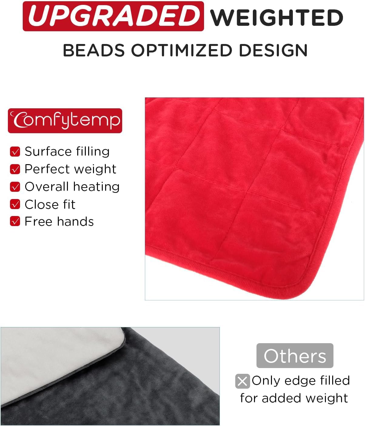 Comfytemp weighted heating pad features a soft flannel cover and is machine washable
