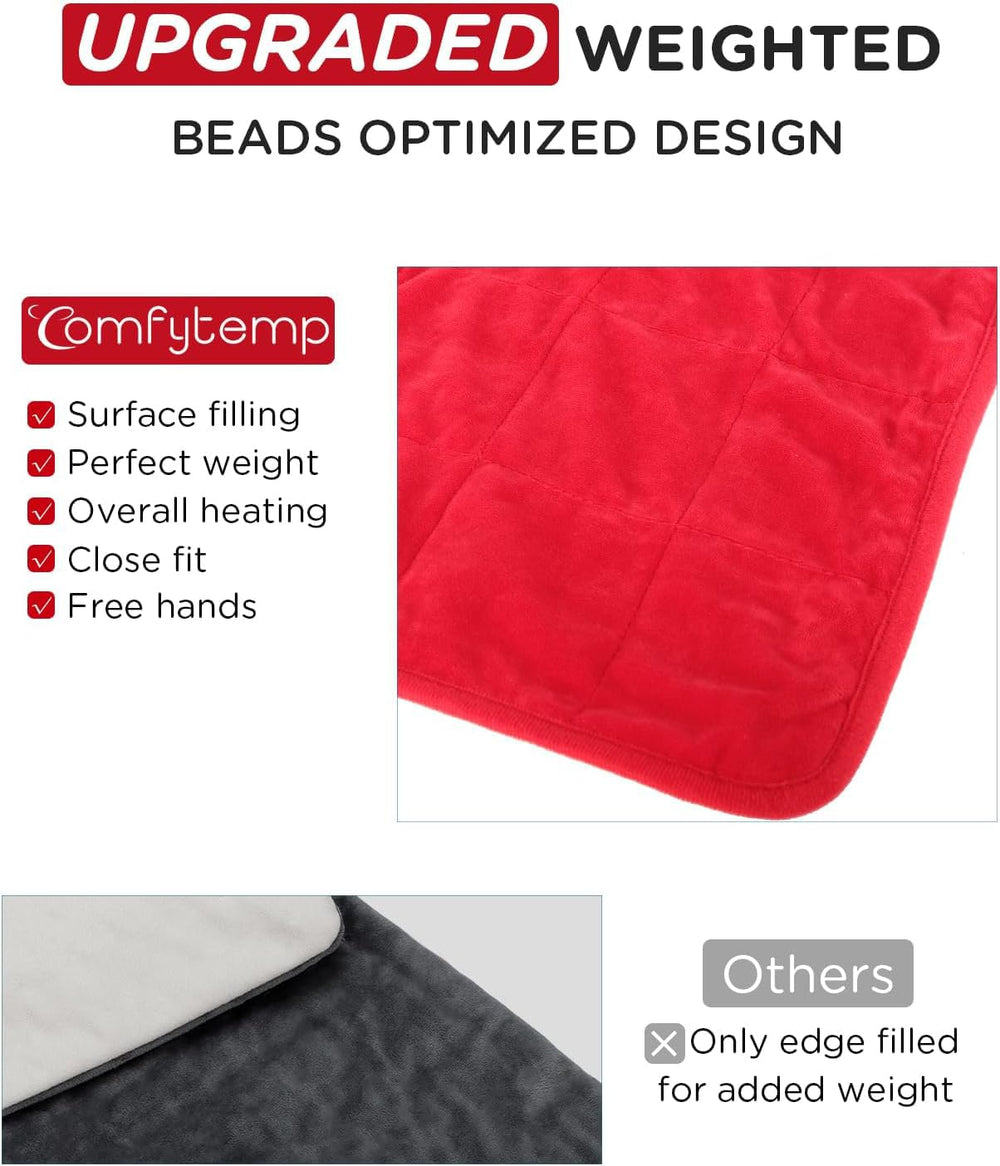 Comfytemp weighted heating pad features a soft flannel cover and is machine washable