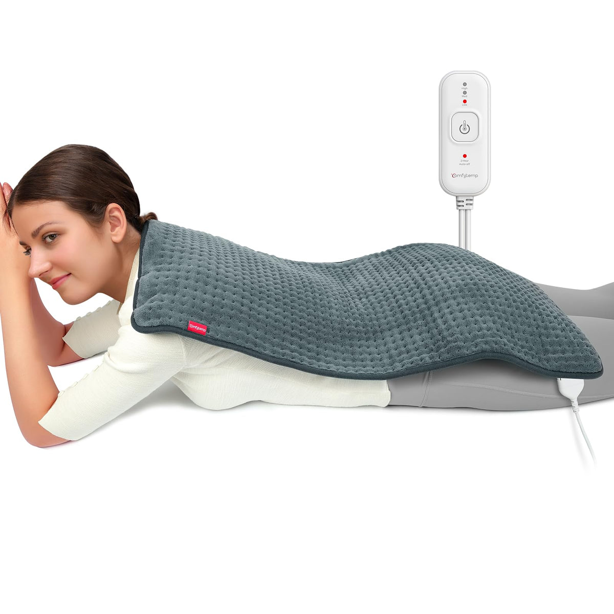 Comfytemp XL heating pad showing back and shoulders coverage for soothing warmth