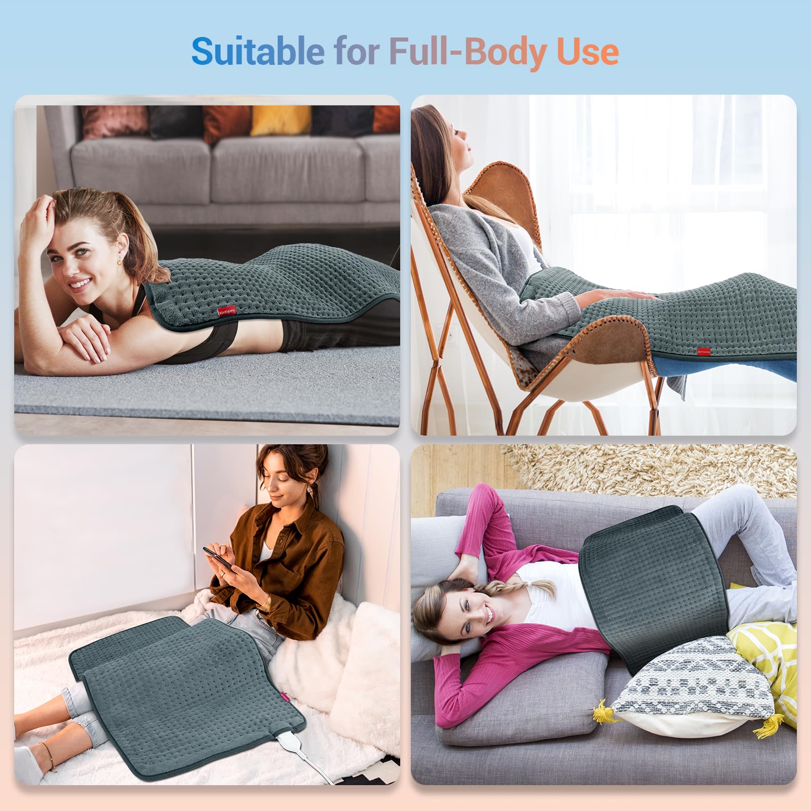 Comfytemp XL heating pad demonstrates full body coverage for wide-area warmth