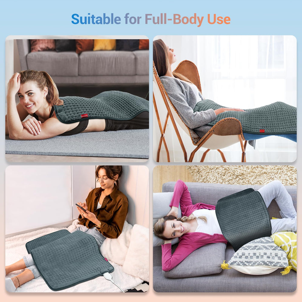 Comfytemp XL heating pad demonstrates full body coverage for wide-area warmth
